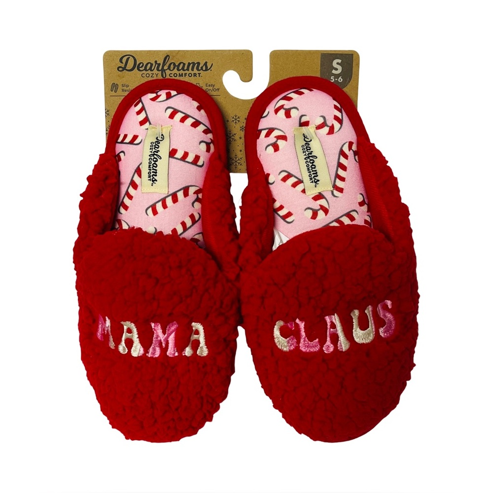 Dearfoams, NWT,  Red and Pink Candy Cane Slippers, “Mama Claus”,  9.5” length
